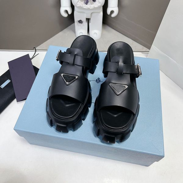 

women's designer flat sandals slippers fashion thick bottom sandal genuine leather sliders metal buckle luxury flip flops large size 35, Black