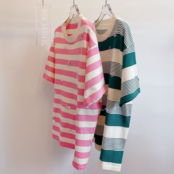 

419 xl 2023 runway summer brand same style sweater short sleeve pullover crew neck pink green beads striped fashion clothes womens yl, White;black