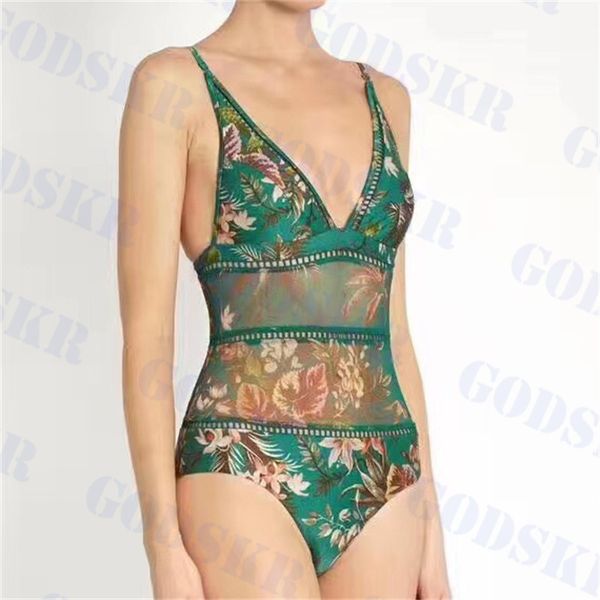 

retro patterned swimsuit womens mesh bikini floral print one piece swimwear hollow bathing suit two colors, White;black