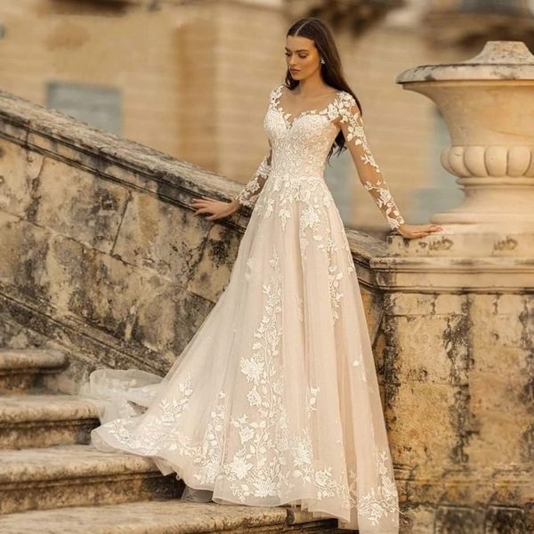 

elegant boho wedding dress lace up a-line flowers appliques long sleeves bridal party gowns vestidos de novia custom made, White