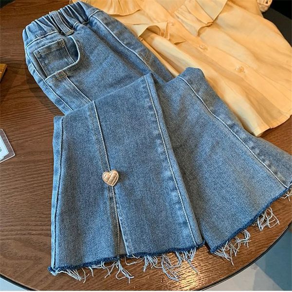 

jeans korean style girls fashion love slit jeans children's solid color elastic denim flared pants baby girl looks thin denim trousers, Blue