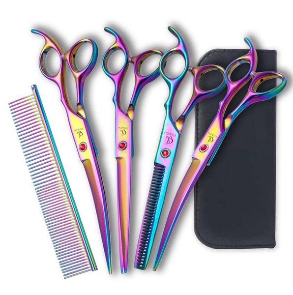 

4pcsset 7 inch professional colorful gold pet shears cutting hair scissors set dog grooming clipper thinning barber hairdressing 7889661