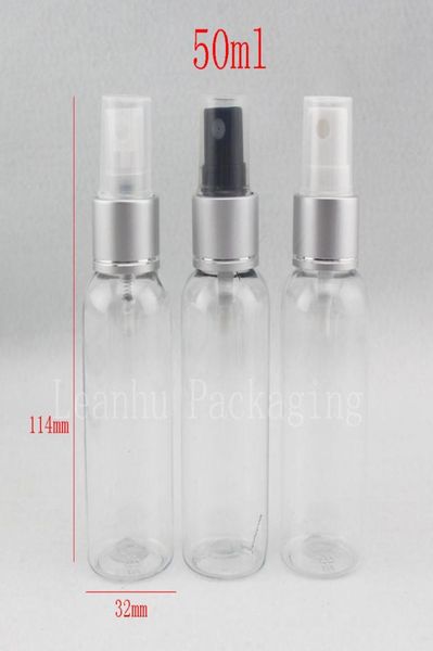 

whole 50ml x 50 clear cosmetic bottle silver aluminum collar spray pump 50cc perfume empty plastic mist sprayer bottles6745143