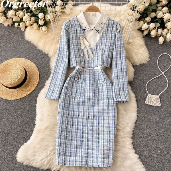 

two piece dress elegant ol blue plaid tweed dress two piece set women crop short jacket coat patchwork beading knee-length dress suits 23051, White