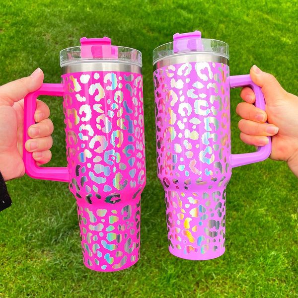 

stainless steel 40oz holographic print leopard travel water bottles insulated tumblers with lids and straws keep drinks cold