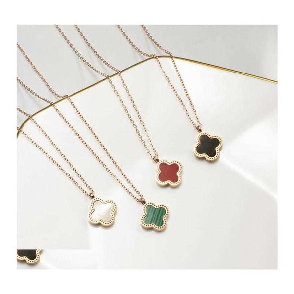

pendant necklaces korean simple fashion sweet clover designer for women 18k gold stainless steel choker double side necklace jewelry dhjct, Silver