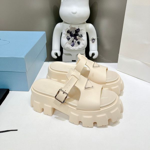 

women's designer flat sandals slippers fashion thick bottom sandal genuine leather sliders metal buckle luxury flip flops large size 35, Black