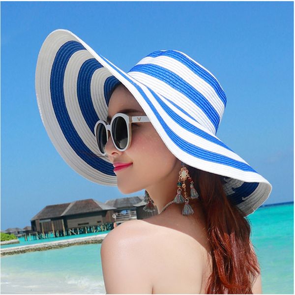 

wide brim hats bucket hats fashion hepburn wind black white striped bowknot summer sun hat beautiful women straw beach hat large brimmed hat, Blue;gray