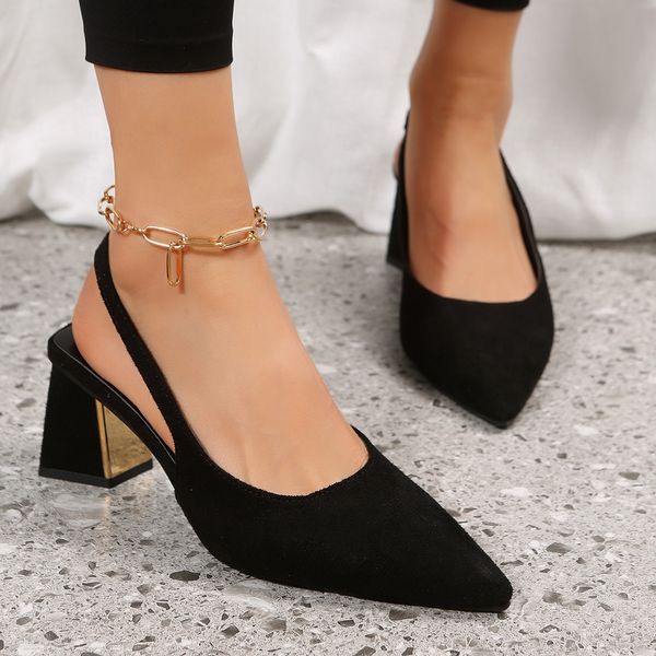 

sandals pointed toe sandals female fairy style summer all-match medium heel buckle thick temperament women shoes high 230512, Black