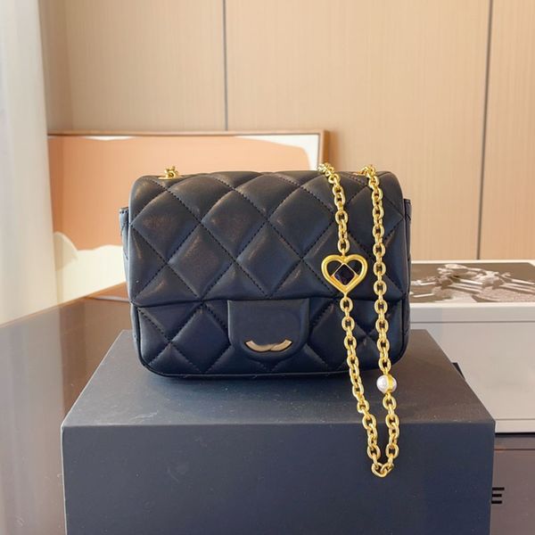 

23s women designer mini classic flap bag love heart gold metal hardware chain with pearl crossbody shoulder handbag quilted luxury purse rea