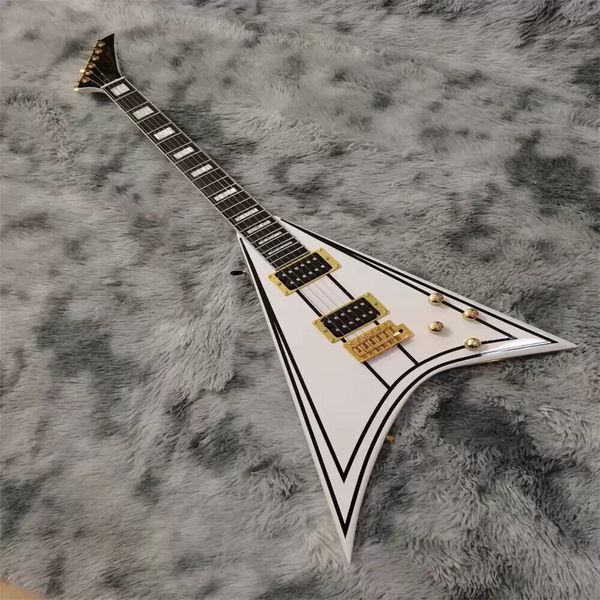 

black pinstripe white flying v-shaped electric guitar gold hardware block new
