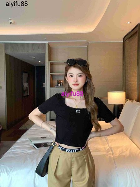 

mm23 summer new fashion embroidery letter temperament girl style lace edge slim fit short sleeve t, White