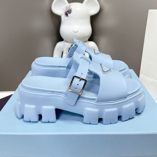 

women's designer flat sandals slippers fashion thick bottom sandal genuine leather sliders metal buckle luxury flip flops large size 35, Black