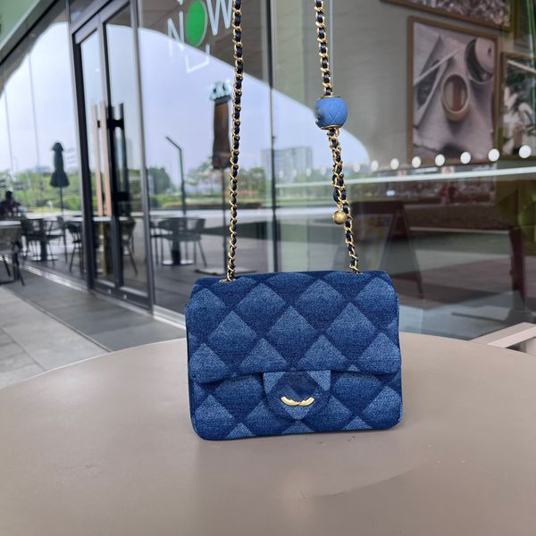 

designer denim bag women's shoulder bag deep light blue denim 3d ringer handbag fashion retro gilt small golden ball handbag classic cr