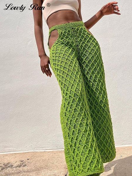 

women's pants capris cut knitted crochet pants for women's spring green loose fit women's beach pants fashion wide legs cal a, Black;white