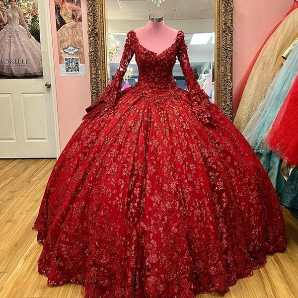 

burgundy glitter sequined crystal quinceanera dresses puffy skirt long sleeve 3d flowers lace-up corset vestidos de xv anos, Blue;red