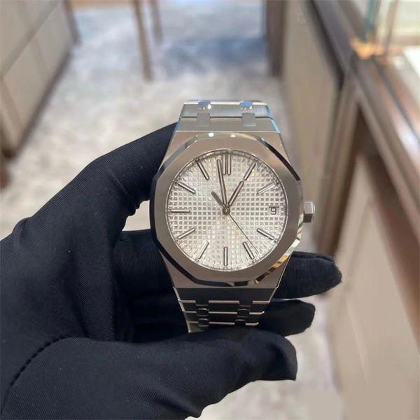 

quartz movement watches oak designer watch for man 904l stainless steel wide watchband plated rose gold orologi di lusso texture dial mechan, Slivery;brown