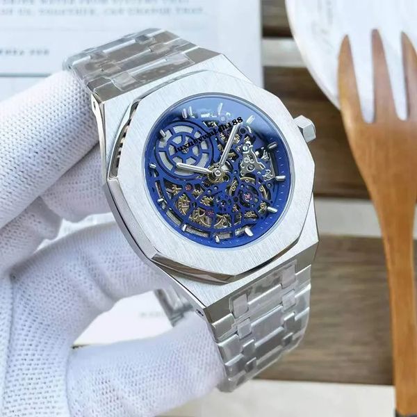 

men's watch hollowed out design luxury automatic movement watch steel ring disk 42mm 904l stainless steel gold-plated strap sapphire mi, Slivery;golden