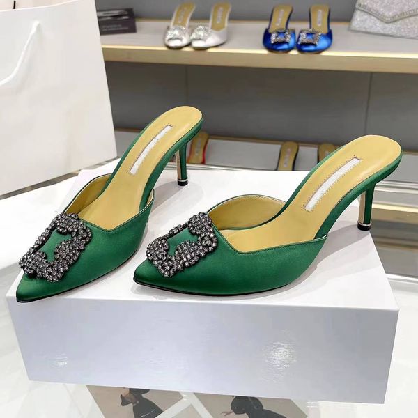 

pointed slippers women fashion designer shoes satin rhinestone square buckle decoration .5cm high heels empty toe sandals casual party and, Black