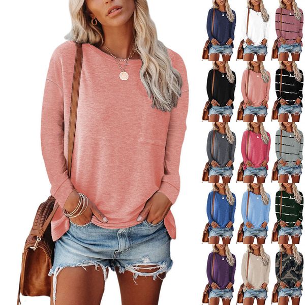 

women's tshirt springsummer women's tshirt pocket solid loose oneck long sleeve women's casual plus size women's clothin, White