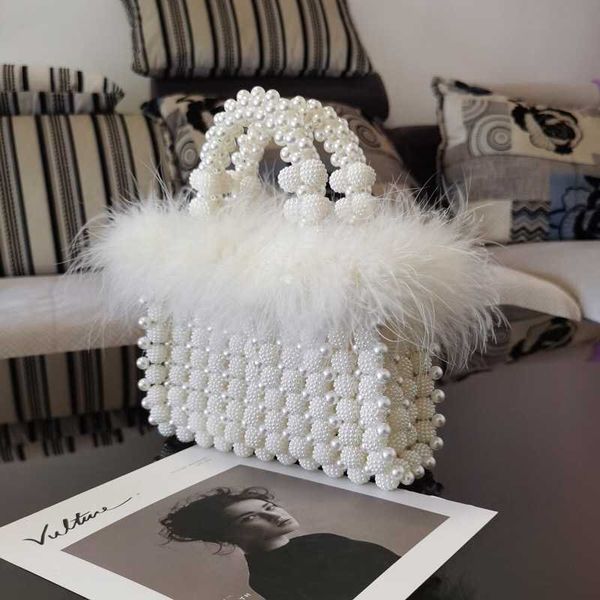 

fashion female handmade pearl bucket mini tote bag woman s beaded clutch abs evening fur bags purses and handbags 230512