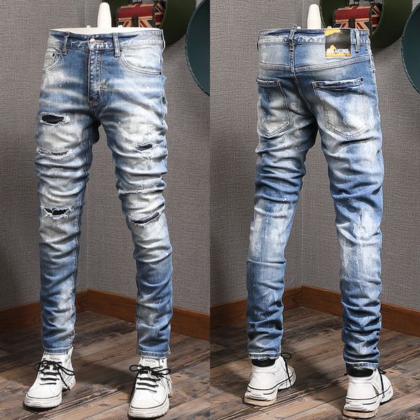 

homme denim jeans distressed painted fading slim fit, Blue