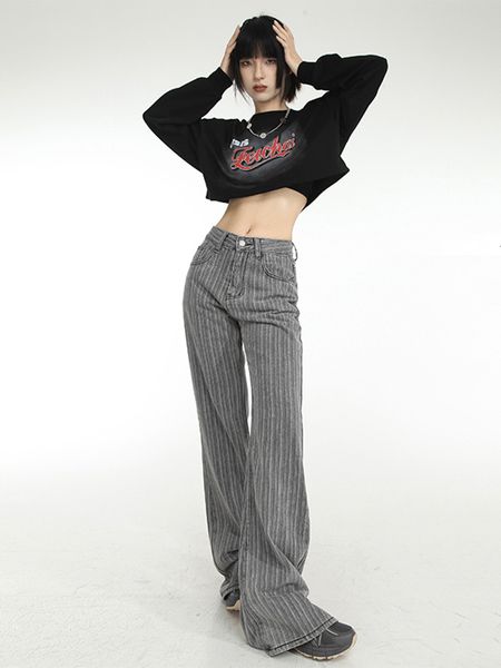 

women's pants capris american women's retro striped sparkling jeans high waisted long washed trousers wide legs pocket pants stree, Black;white