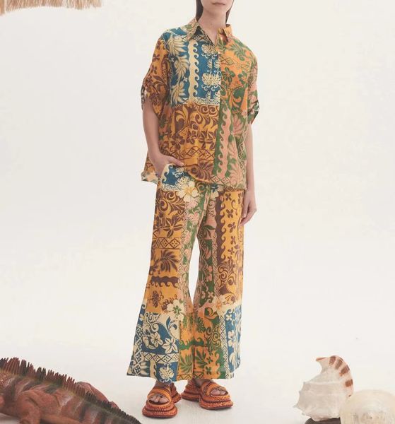 

australian designer two-piece set short sleeve floral printed splicing design linen shirt with linen pants, White