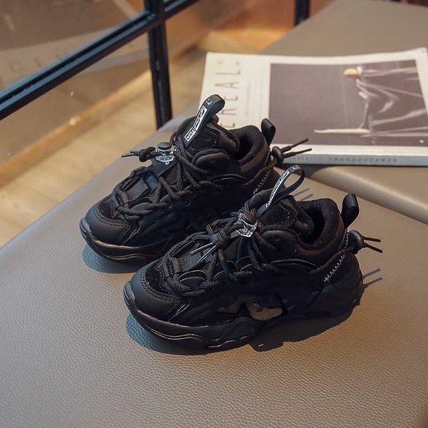 

athletic outdoor children fashion solid color black autumn winter boys sneakers 2023 waterproof pu girls casual cotton lace-up school sport
