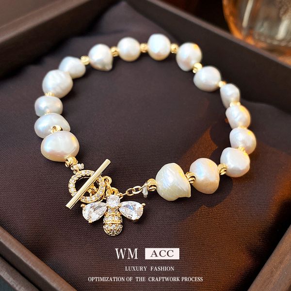 

pendants beaded bracelet animal design pendant natural pearl zircon copper plated gold fashion women bangle bracelets with box toggle clasps, Black