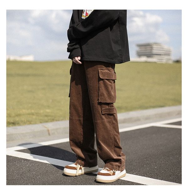 

godlikeu janpanese cargo pants male vintage streetwear casual corduroy loose trousers, Black