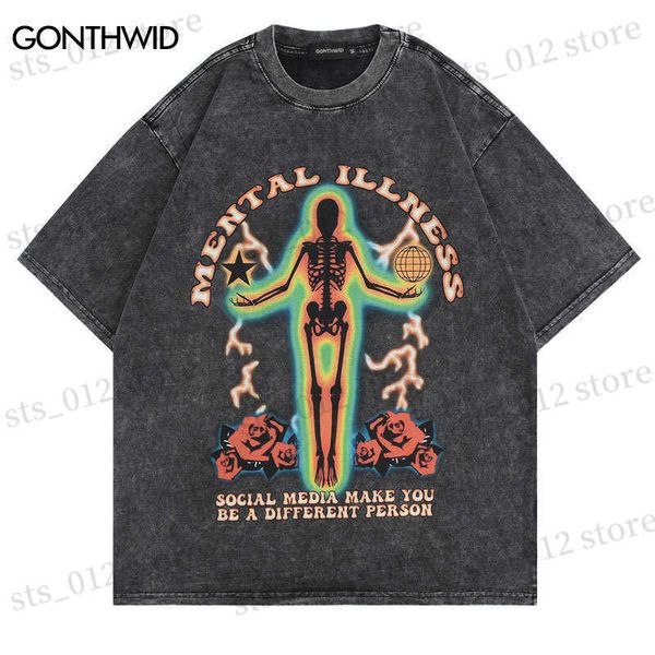 

t-shirts men men's distressed t-shirts hip hop skull skeleton print punk gothic rock tshirt streetwear harajuku vintage casual cotton t, White;black