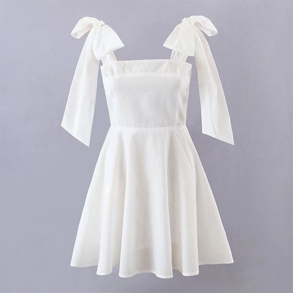 

casual dresses yenkye summer women shoulder sweet bow tie elegant white dress sleeveless square neck a-line mini holiday dress lady robe 230, Black;gray