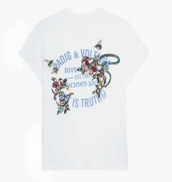

zadig voltaire 23ss summer cotton new women designer t shirt classic letter printing flower embroidery embroidered short sleeved, White