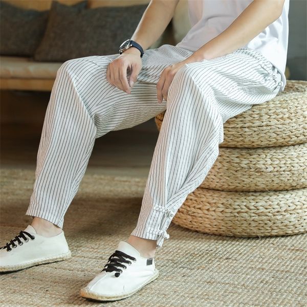 

men's pants arrival men's elastic waist cotton and linen trousers men stripe harem pant ankle length pants male 4 colors k58 23051, Black