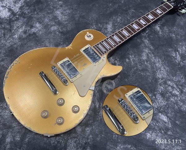 

electric guitar gold metalic relic work chrome parts cream pickguard hh pickups small pin bridge cream binding
