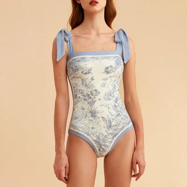 

swimwear swimwear 2022 blue strap swimsuits square neck double sided print bikini high waist one piece vintage elegant stylish, White;black