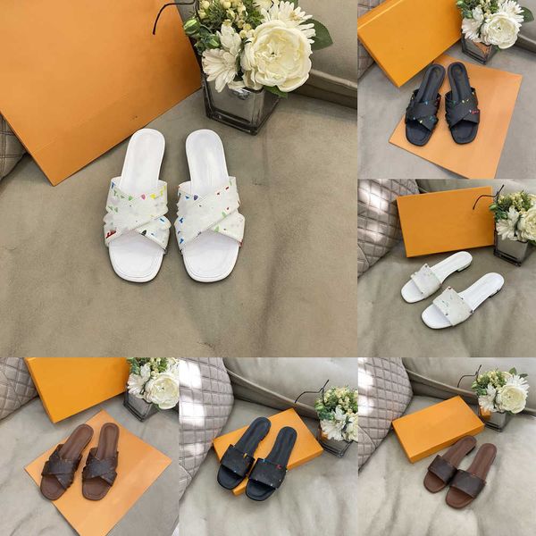 

paris designer brand old flowers slipper women monograms leather flat sliders famous sandals cross strap low heel slippers luxurys designers, Black