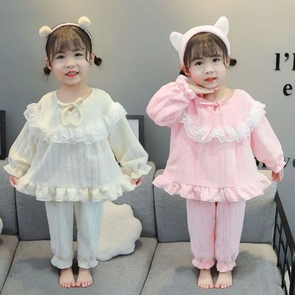 

pajamas flannel princess pajamas soft comfortable girls baby sleepwear suit lace pants 2 pieces set autumn winter toddler clothing 230511, Blue;red