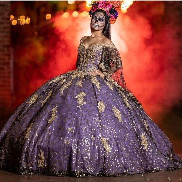 

lilac lavender off shoulder quinceanera dresses with cape gold appliques gillter crystal lace-up sweet 16 vestido de xv anos, Blue;red