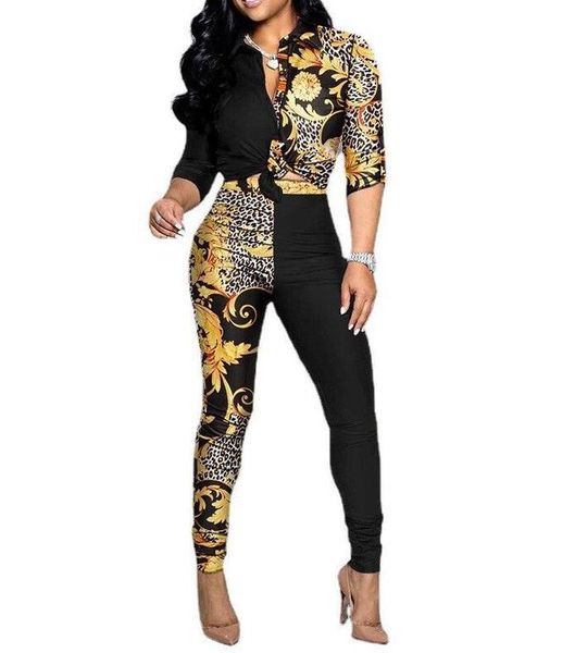 

new casual women's tracksuits suit royal color-blocking printing long-sleeved lapel shirt casual jogging pants two-piece set slim outfi, Gray