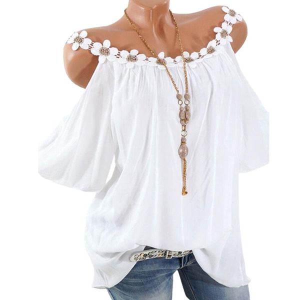

t-shirt summer women's lace stitching blouse offshoulder round neck shortsleeved solid color casual loose woman clothes, White