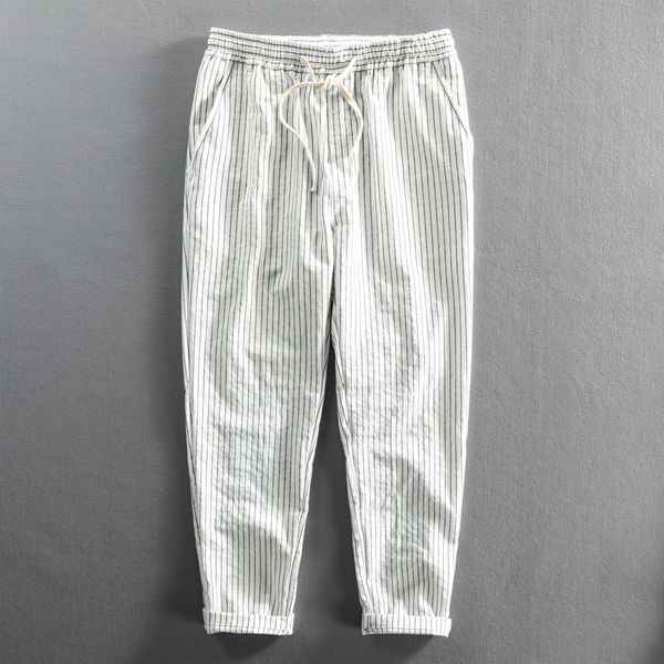 

men's pants summer thin linen casual harem pants men clothing ankle length korean style striped streetwear men trousers pants black 230