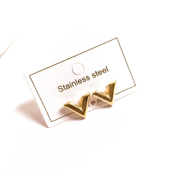 

2023 english simple style letter v fashion stainless steel earrings 925 silver needle real gold plating earring for women, Golden;silver