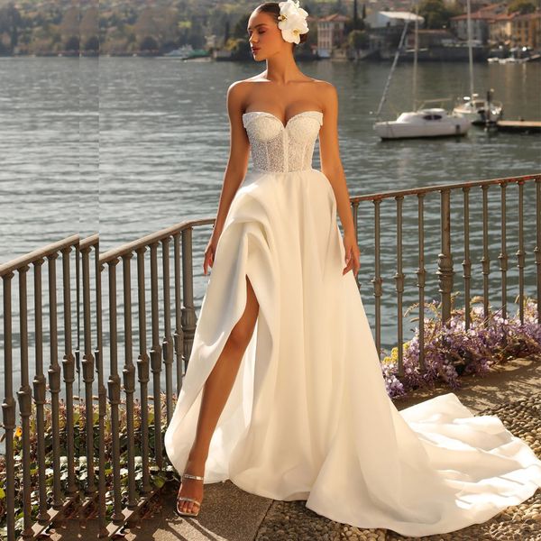 

vintage sweetheart a line wedding dresses draped asymmetrical bridal gowns for bride bead rode de morrie with slit, White