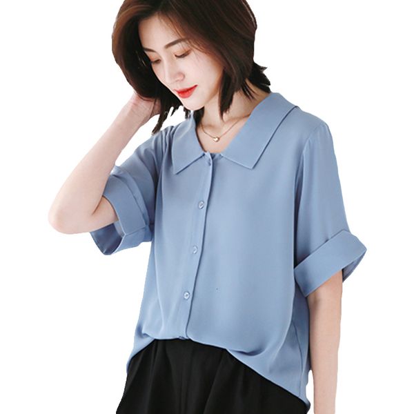 

women's blouses shirts summer women chiffon blouse short sleeve blue ladies office ladies shirts work casul female clothing blusas ele, White
