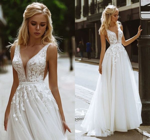 

elegant boho wedding dress a-line flowers v-neck lace appliques backless tulle bridal party gowns vestidos de novia custom made, White