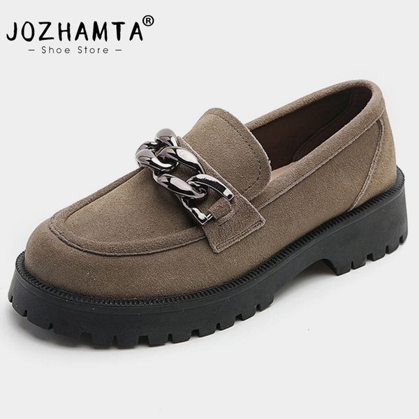 

dress shoes jozhamta size 3442 casual loafers for women real leather flats platform shoes fashion chain chunky heel ladies retro office 2305, Black