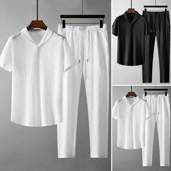 

mens tracksuits shirt trousers set pure colors skintouching men short sleeve long trousers set quick drying men outfit for home 230511, Gray