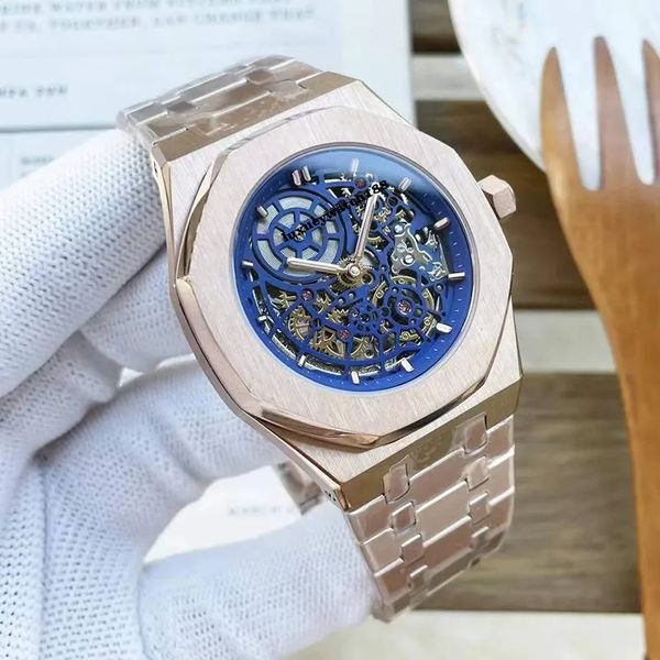 

men's luxury automatic movement watch steel ring plate 42mm 904l stainless steel gold-plated strap sapphire mirror noble brand hollow d, Slivery;golden